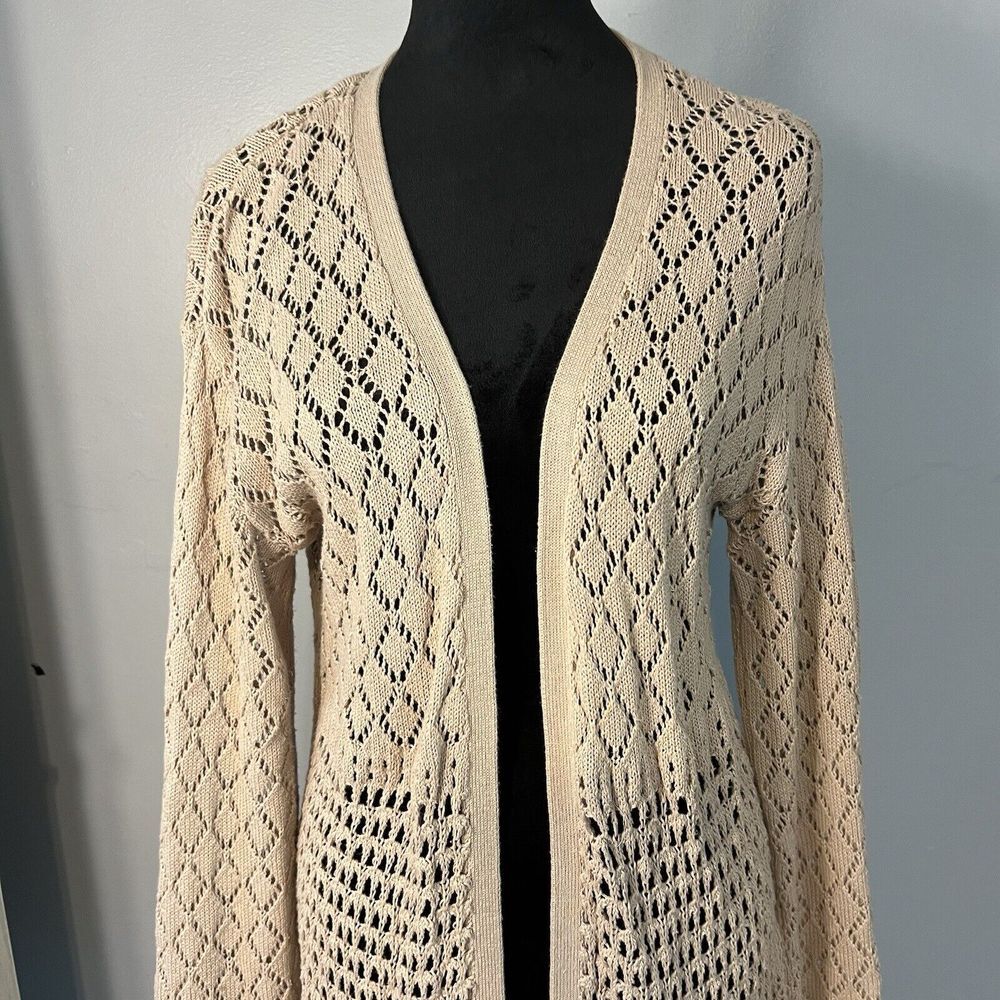 INC International Concepts Womens Beige Cotton Pointelle Crochet Cardigan Small